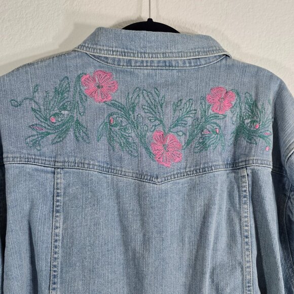 Denim & Co. Jacket Women Plus Size 2X Blue Long Sleeve Embroidered Floral Button - Picture 7 of 11